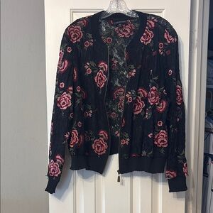 Lane Bryant Black and Pink Floral Bomber Jacket
